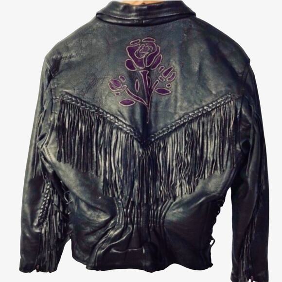 Vintage Black Leather Fringe Motorcycle Jacket with Embroidery Large - Picture 5 of 12